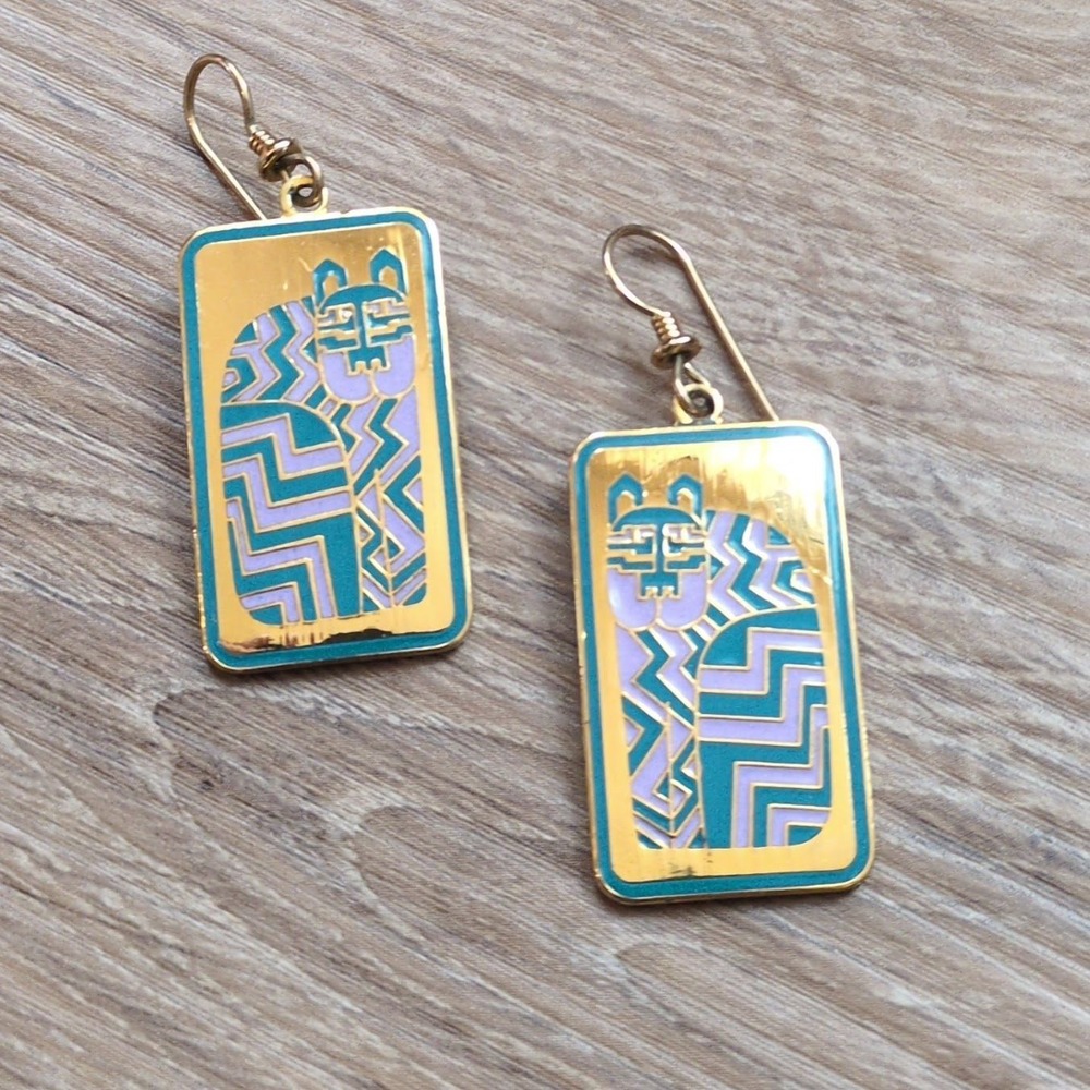 Vtg Laurel Burch Cat "Gregorio" Earrings Dangle Gold Purple Teal Tiger Geometric